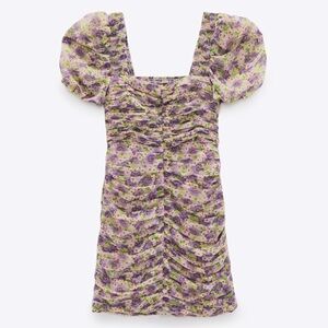 Zara Floral Babydoll Ruched Mini Dress Puff Sleeve Coquette Tea Party Milkmaid